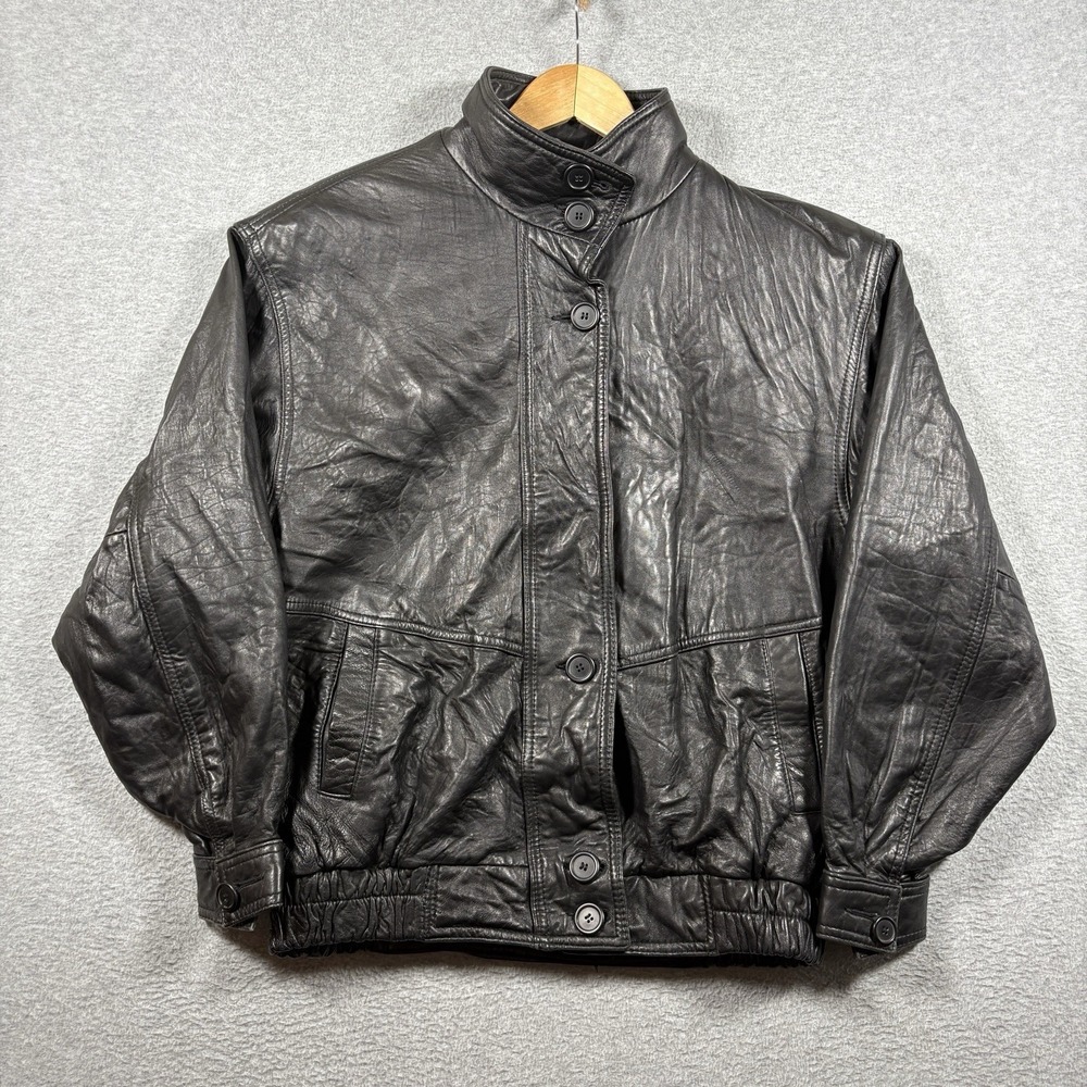 Vtg 80s Cayenne Leather Bomber Jacket Mens M Black Full Zip Button Collar